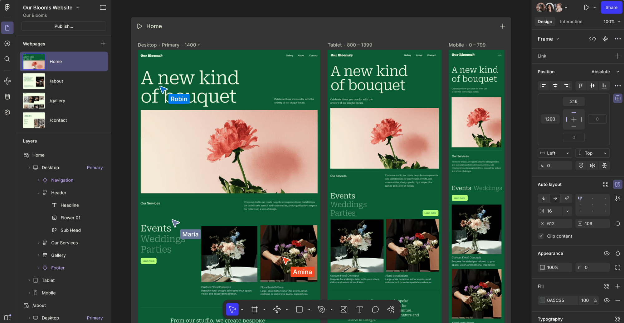 A collaborative website design shown across desktop, tablet, and mobile layouts